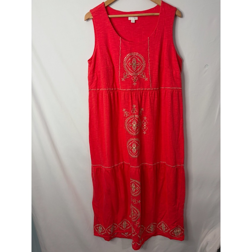 J Jill Womens 1X Coral Red Embroidered Sequin Tiered Cotton Midi Maxi Dress Boho